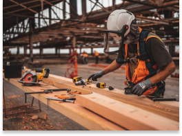 A construction worker is working on a piece of wood.