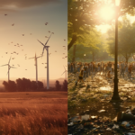 Two pictures of wind turbines and people in the field.