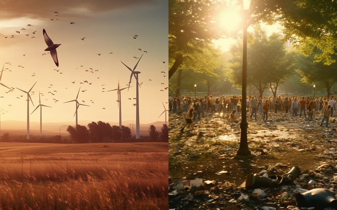 Two pictures of wind turbines and people in the field.