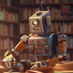 A robot sitting at a table with books in front of it.