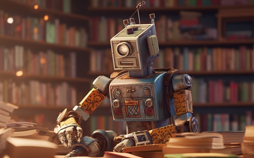 A robot sitting at a table with books in front of it.
