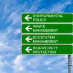 A street sign with the words environmental policy, waste management, ecosystem, and protection.