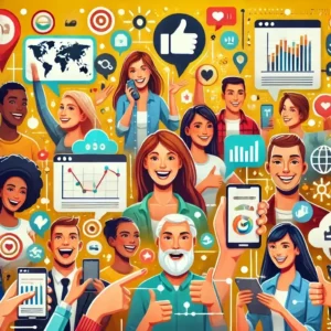 Image depicting diverse individuals engaging in discussions and voting using digital devices like tablets and smartphones, symbolizing civic engagement through smart technology. Speech bubbles, maps, and data visualizations emphasize interactive communication and community involvement in a warm color scheme.