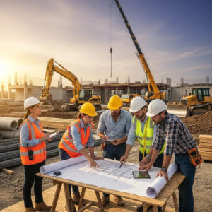 Construction site with diverse workers collaborating on project plans.