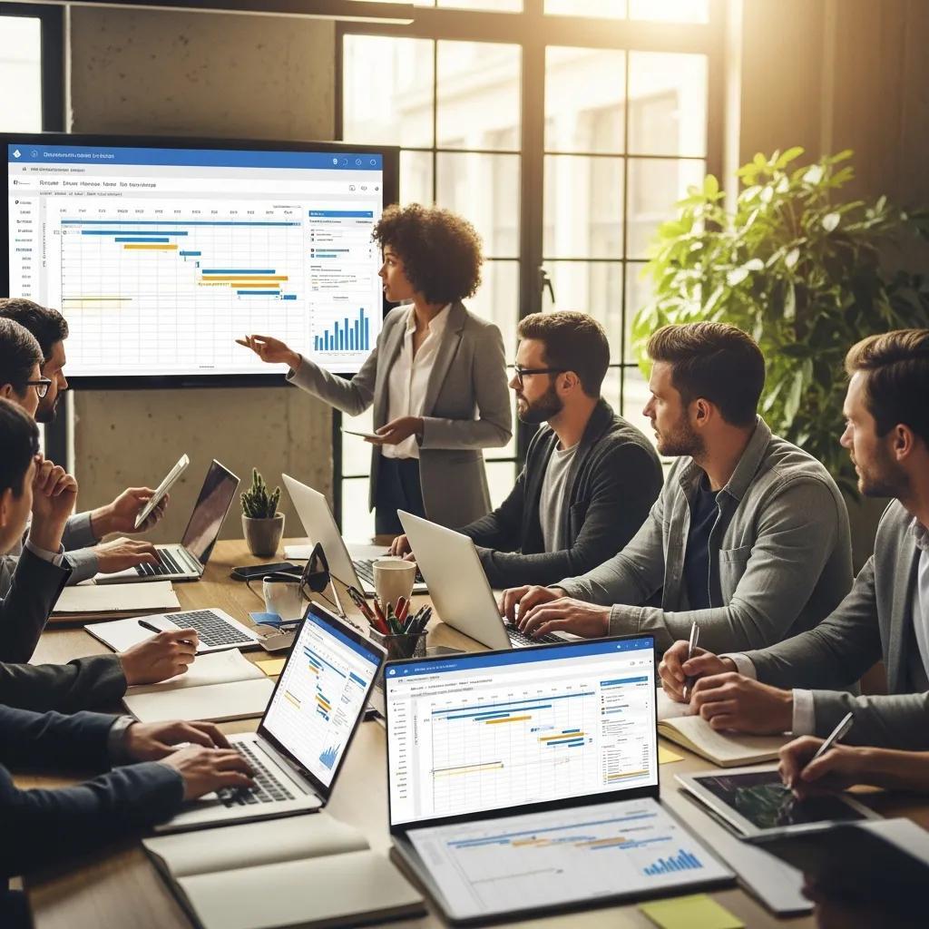 Team reviewing a project management dashboard during a meeting, showing Gantt charts and analytics on large screens and laptops while discussing infrastructure project planning and collaboration.